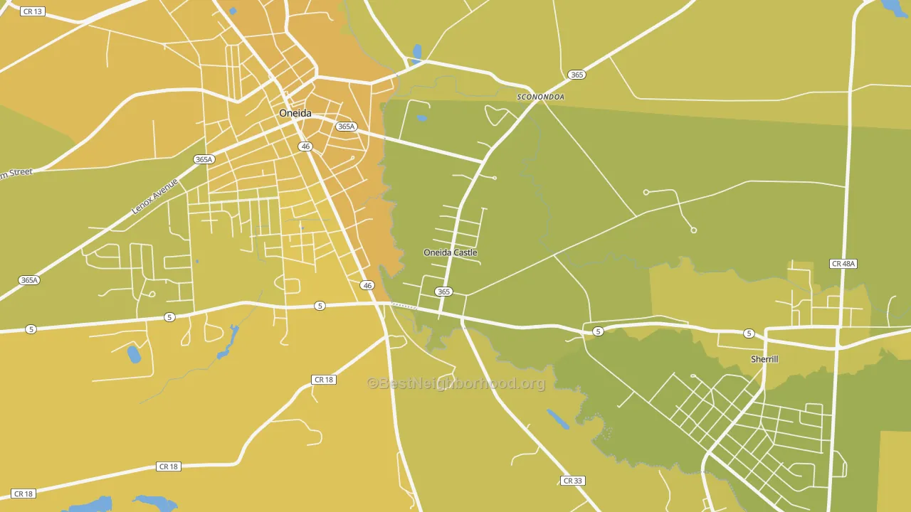 Map of the best neighborhoods in the Oneida Castle area, with better matches in green and worse matches in red