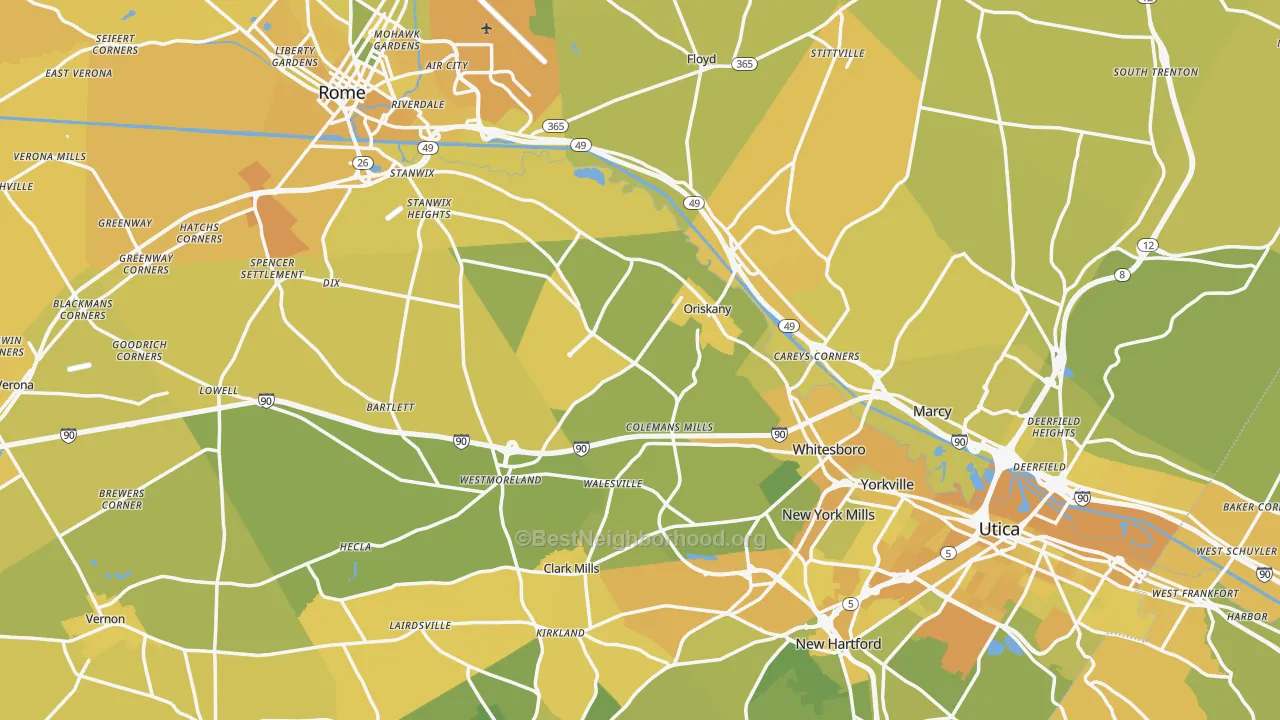 Map of the best neighborhoods in the Oneida County area, with better matches in green and worse matches in red