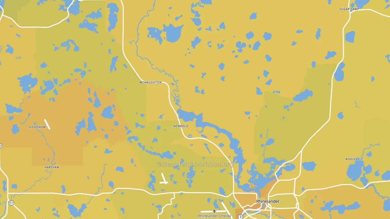 Map of the best neighborhoods in the Oneida County area, with better matches in green and worse matches in red