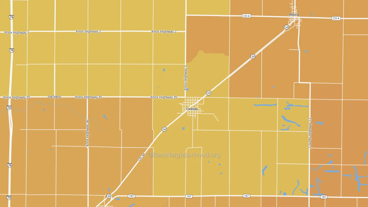 Map of the best neighborhoods in the Oneida area, with better matches in green and worse matches in red
