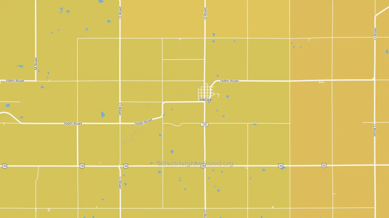 Map of the best neighborhoods in the Oneida area, with better matches in green and worse matches in red