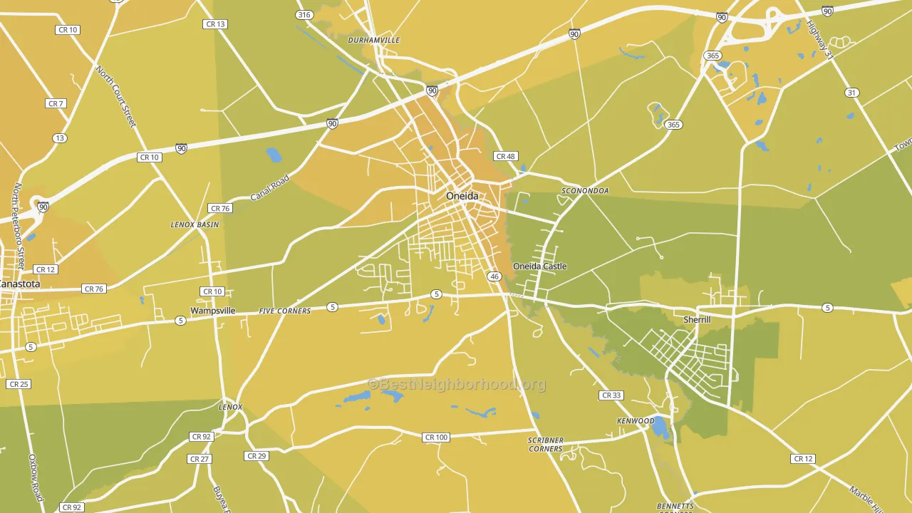 Map of the best neighborhoods in the Oneida area, with better matches in green and worse matches in red