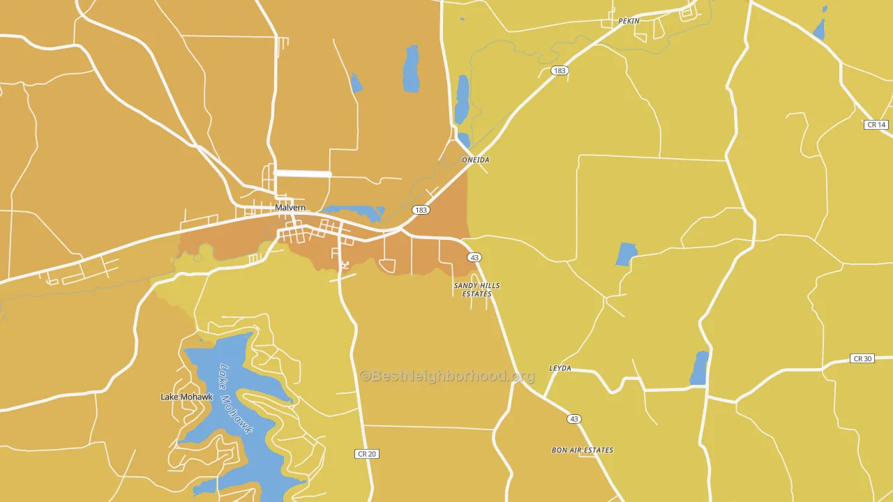 Map of the best neighborhoods in the Oneida area, with better matches in green and worse matches in red