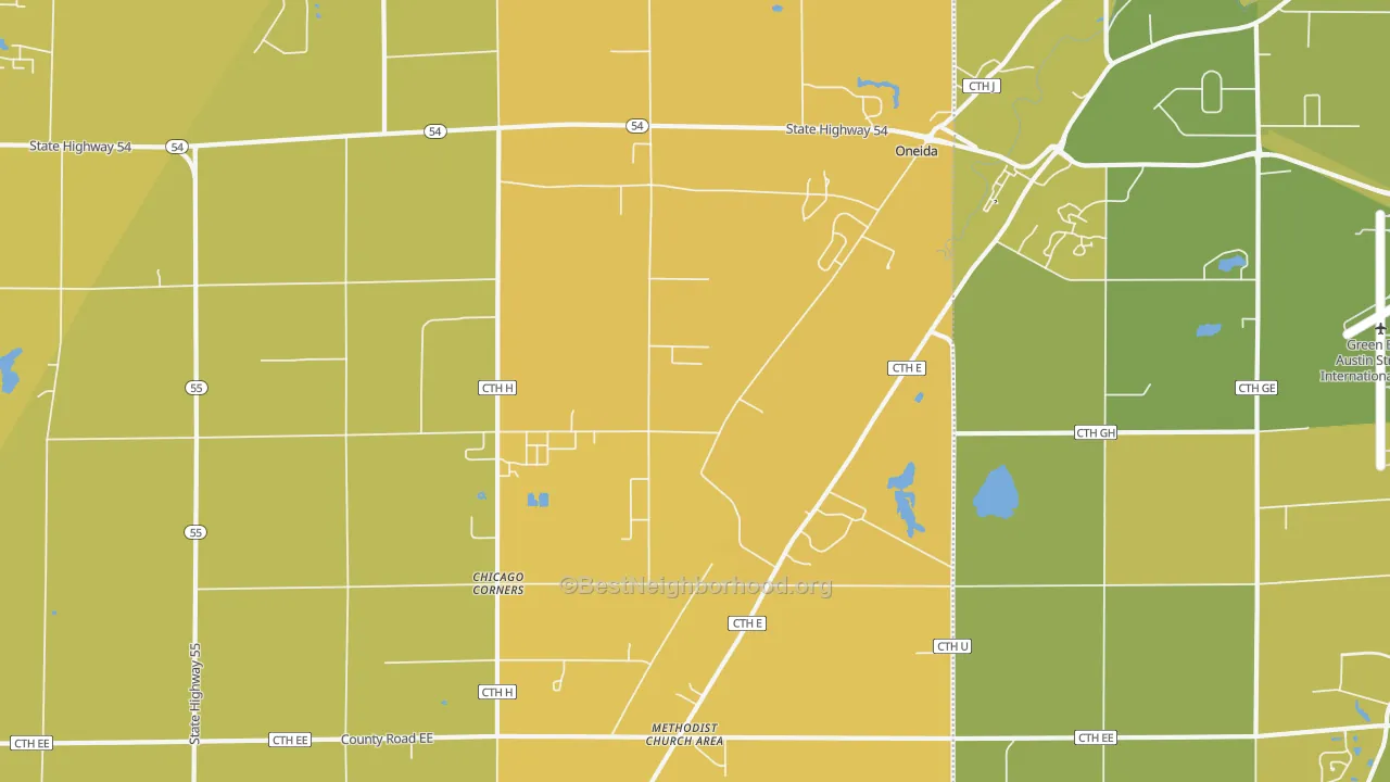 Map of the best neighborhoods in the Oneida area, with better matches in green and worse matches in red