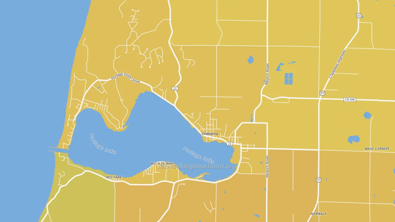 Map of the best neighborhoods in the Onekama area, with better matches in green and worse matches in red