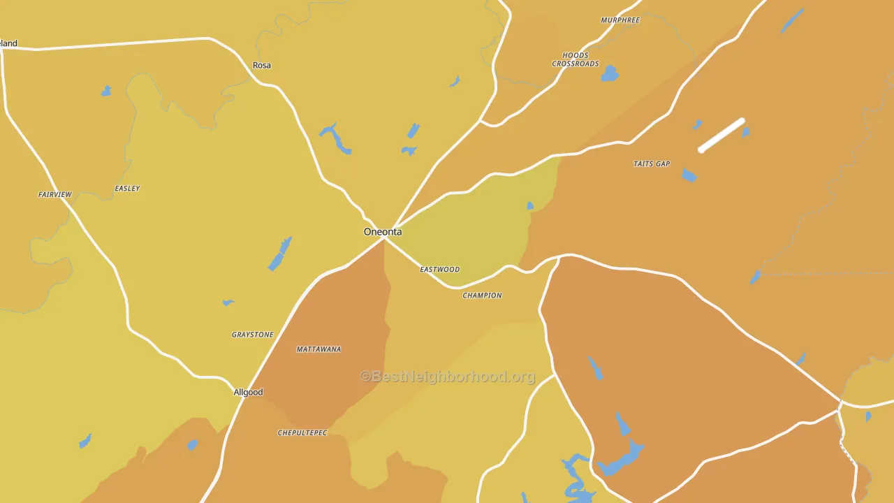 Map of the best neighborhoods in the Oneonta area, with better matches in green and worse matches in red