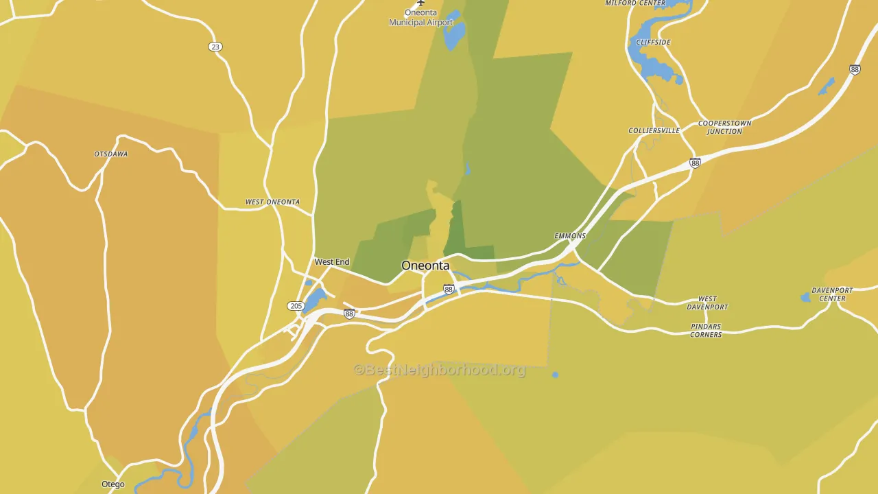 Map of the best neighborhoods in the Oneonta area, with better matches in green and worse matches in red