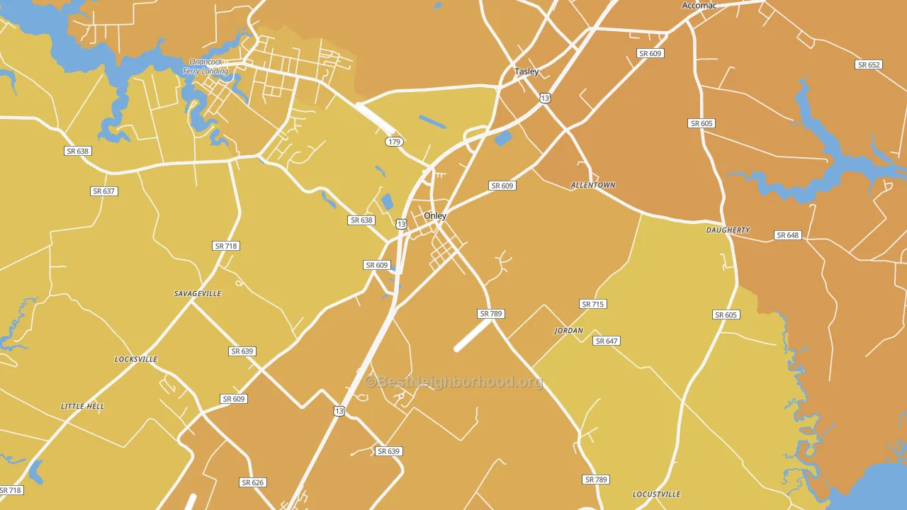 Map of the best neighborhoods in the Onley area, with better matches in green and worse matches in red