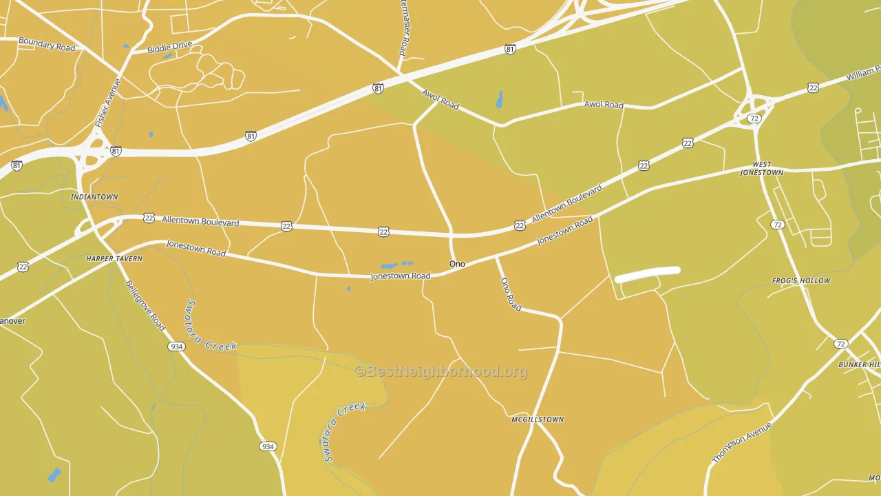 Map of the best neighborhoods in the Ono area, with better matches in green and worse matches in red