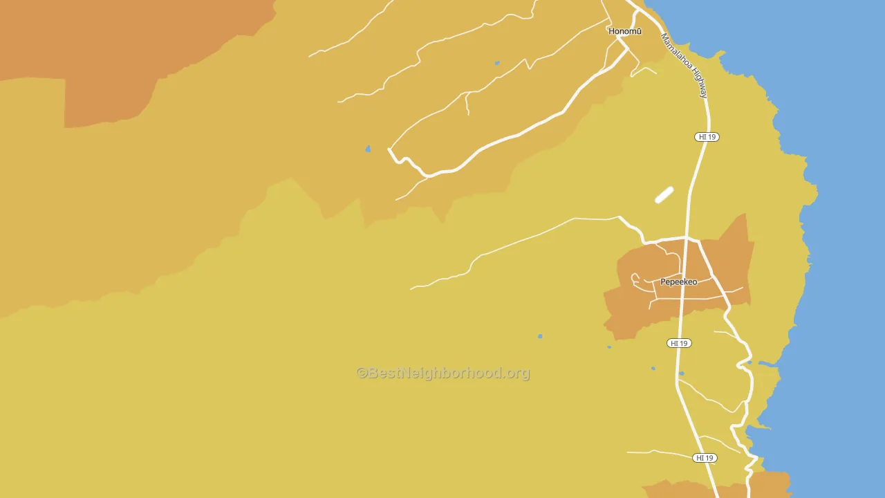Map of the best neighborhoods in the Onomea area, with better matches in green and worse matches in red