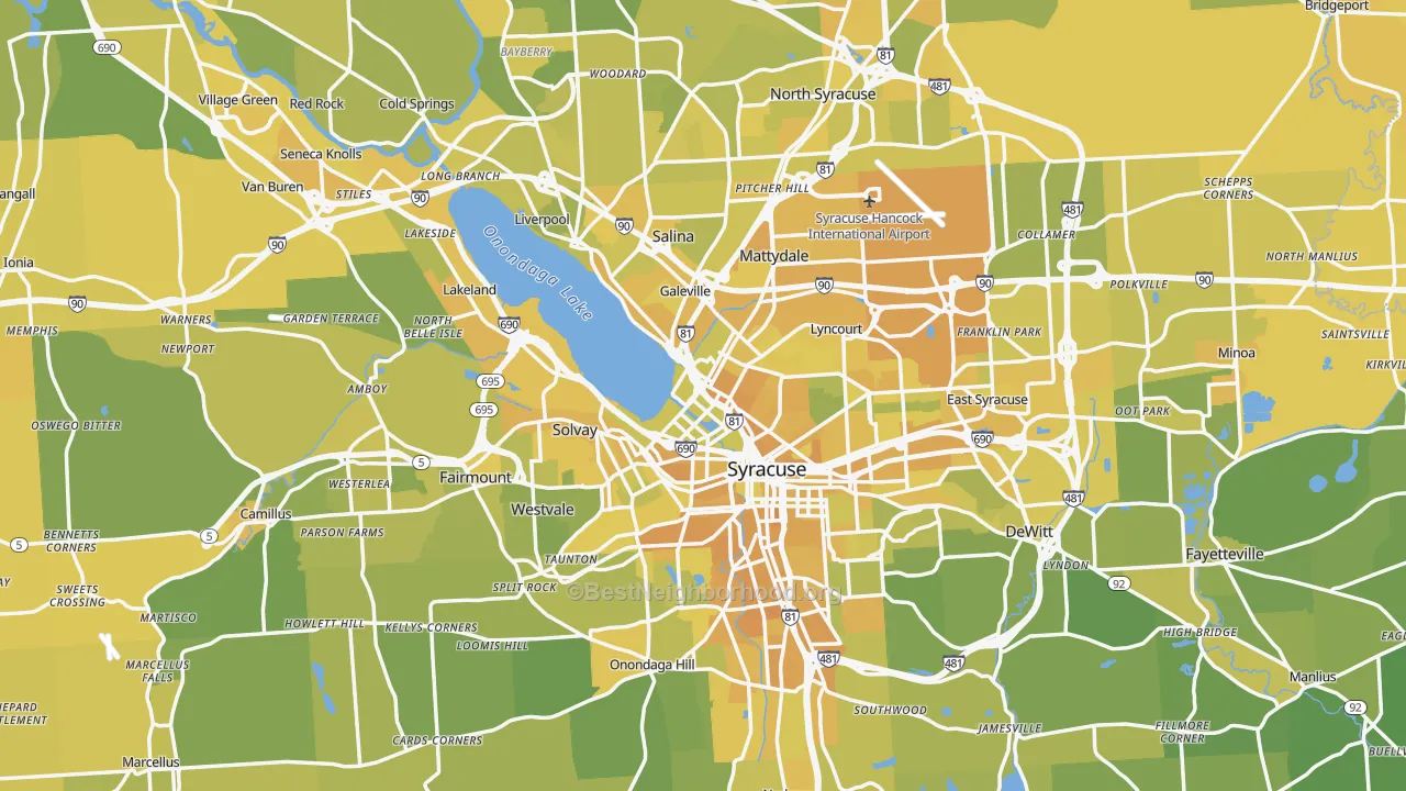 Map of the best neighborhoods in the Onondaga County area, with better matches in green and worse matches in red