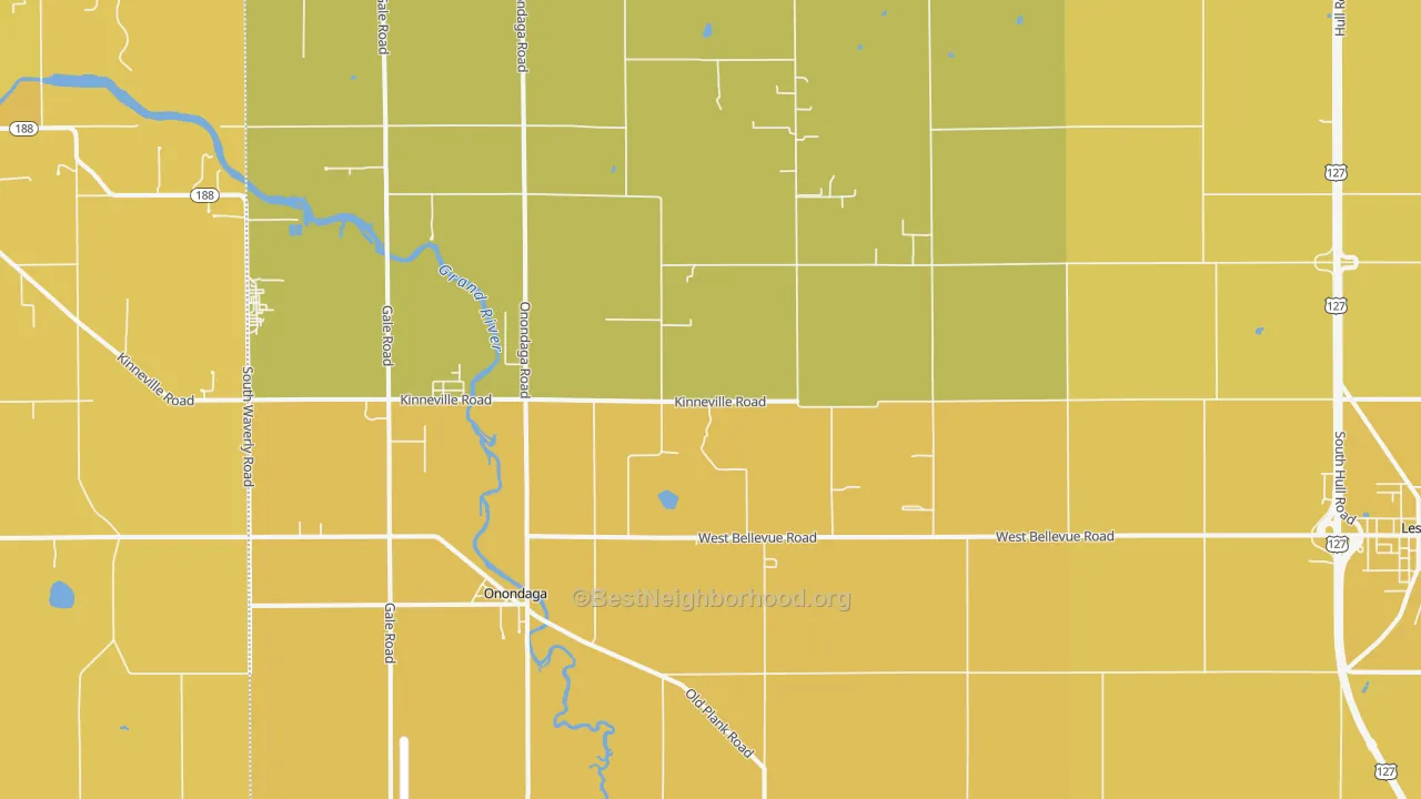 Map of the best neighborhoods in the Onondaga area, with better matches in green and worse matches in red