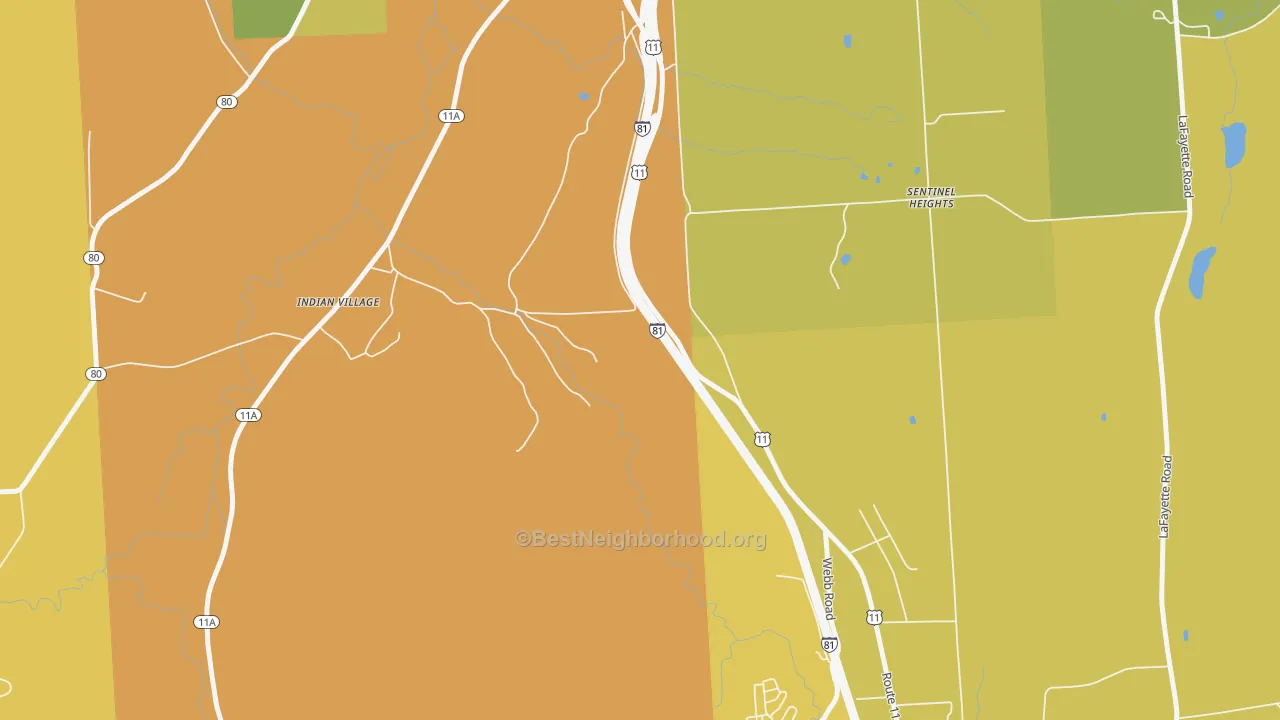 Map of the best neighborhoods in the Onondaga area, with better matches in green and worse matches in red