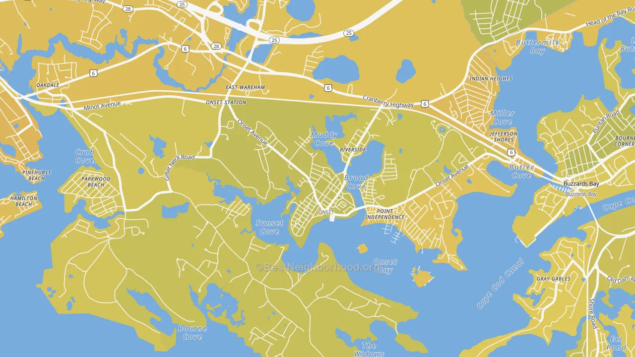 Map of the best neighborhoods in the Onset area, with better matches in green and worse matches in red