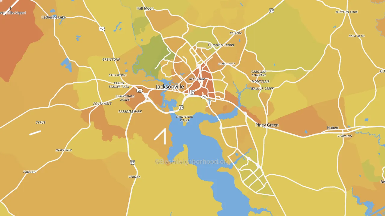 Map of the best neighborhoods in the Onslow County area, with better matches in green and worse matches in red
