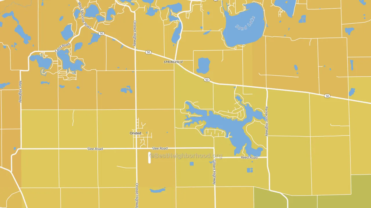 Map of the best neighborhoods in the Onsted area, with better matches in green and worse matches in red