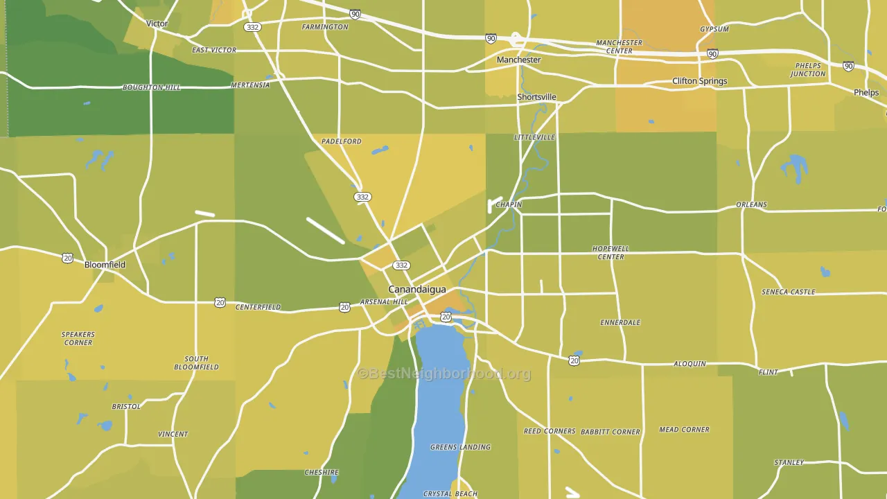 Map of the best neighborhoods in the Ontario County area, with better matches in green and worse matches in red