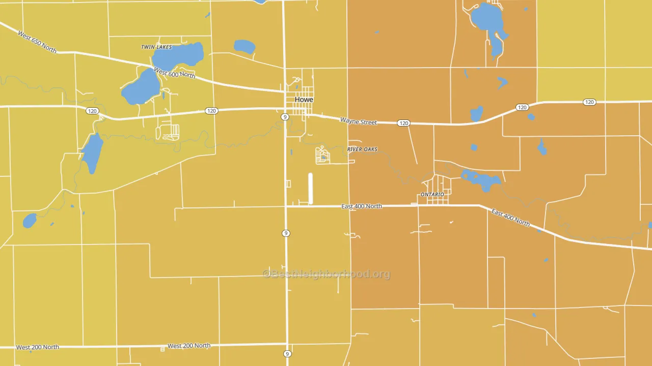 Map of the best neighborhoods in the Ontario area, with better matches in green and worse matches in red