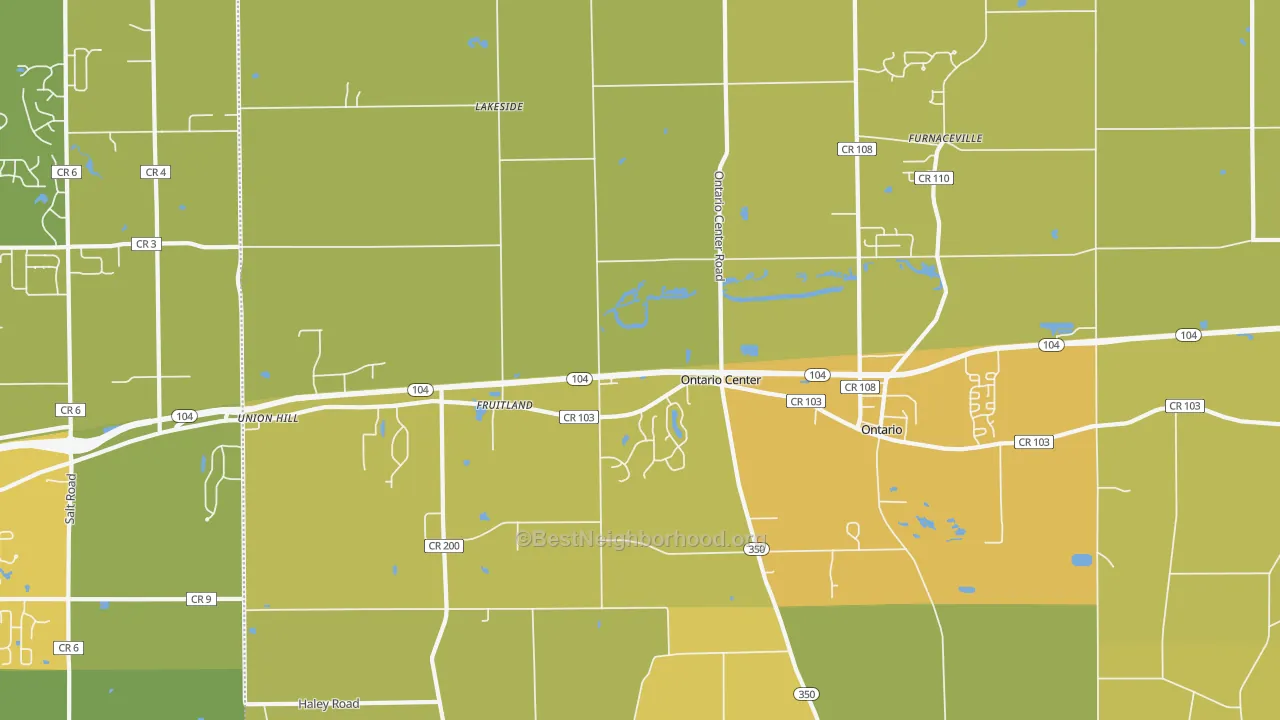 Map of the best neighborhoods in the Ontario area, with better matches in green and worse matches in red