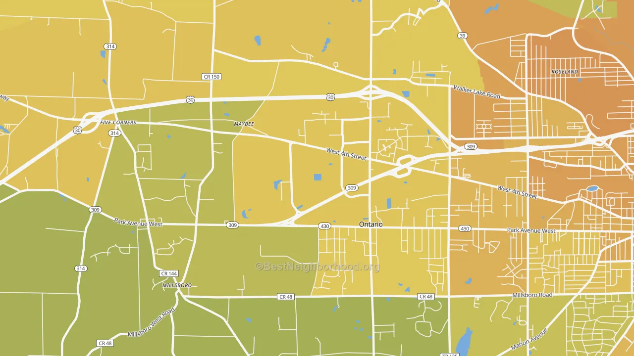 Map of the best neighborhoods in the Ontario area, with better matches in green and worse matches in red