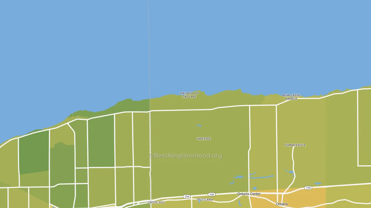 Map of the best neighborhoods in the Ontario on the Lake area, with better matches in green and worse matches in red
