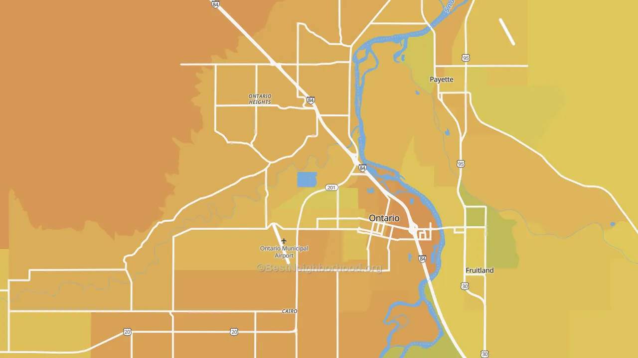 Map of the best neighborhoods in the Ontario area, with better matches in green and worse matches in red
