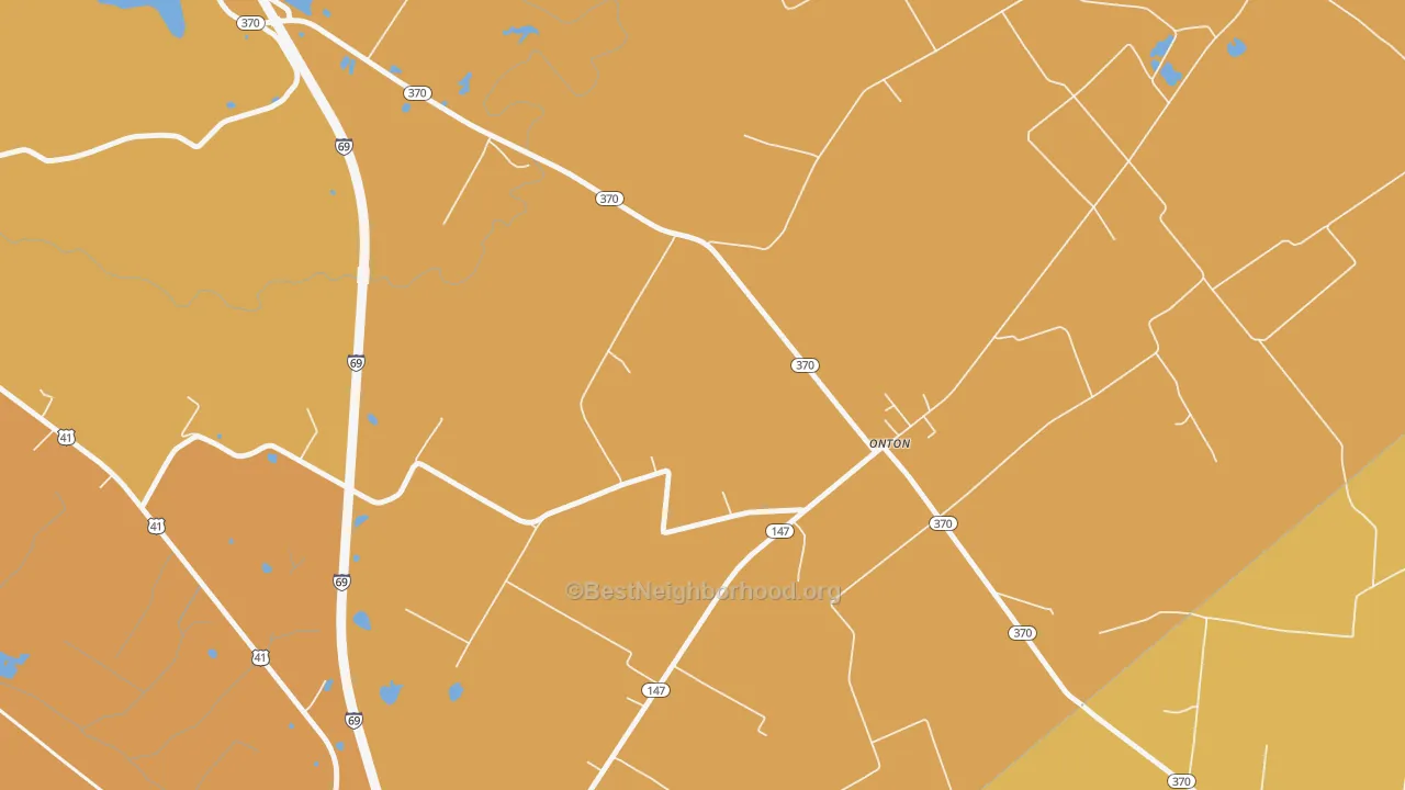 Map of the best neighborhoods in the Onton area, with better matches in green and worse matches in red