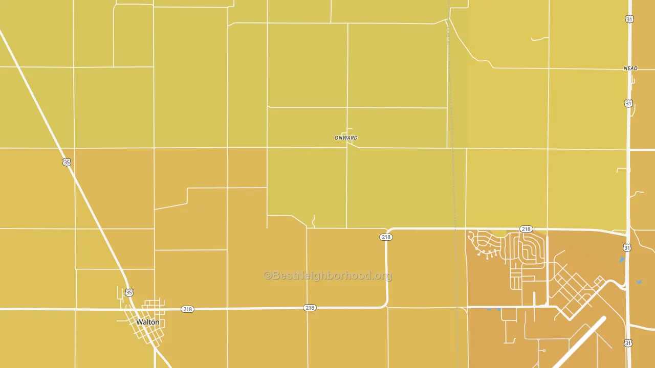 Map of the best neighborhoods in the Onward area, with better matches in green and worse matches in red