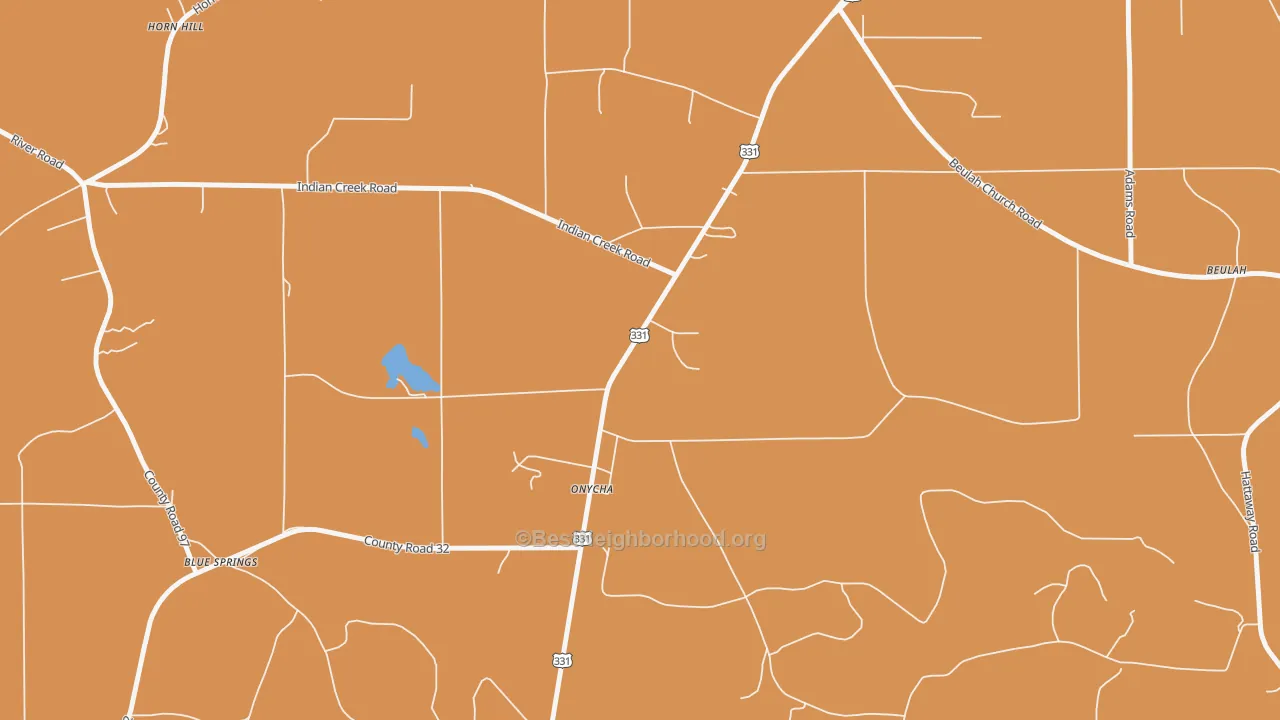 Map of the best neighborhoods in the Onycha area, with better matches in green and worse matches in red