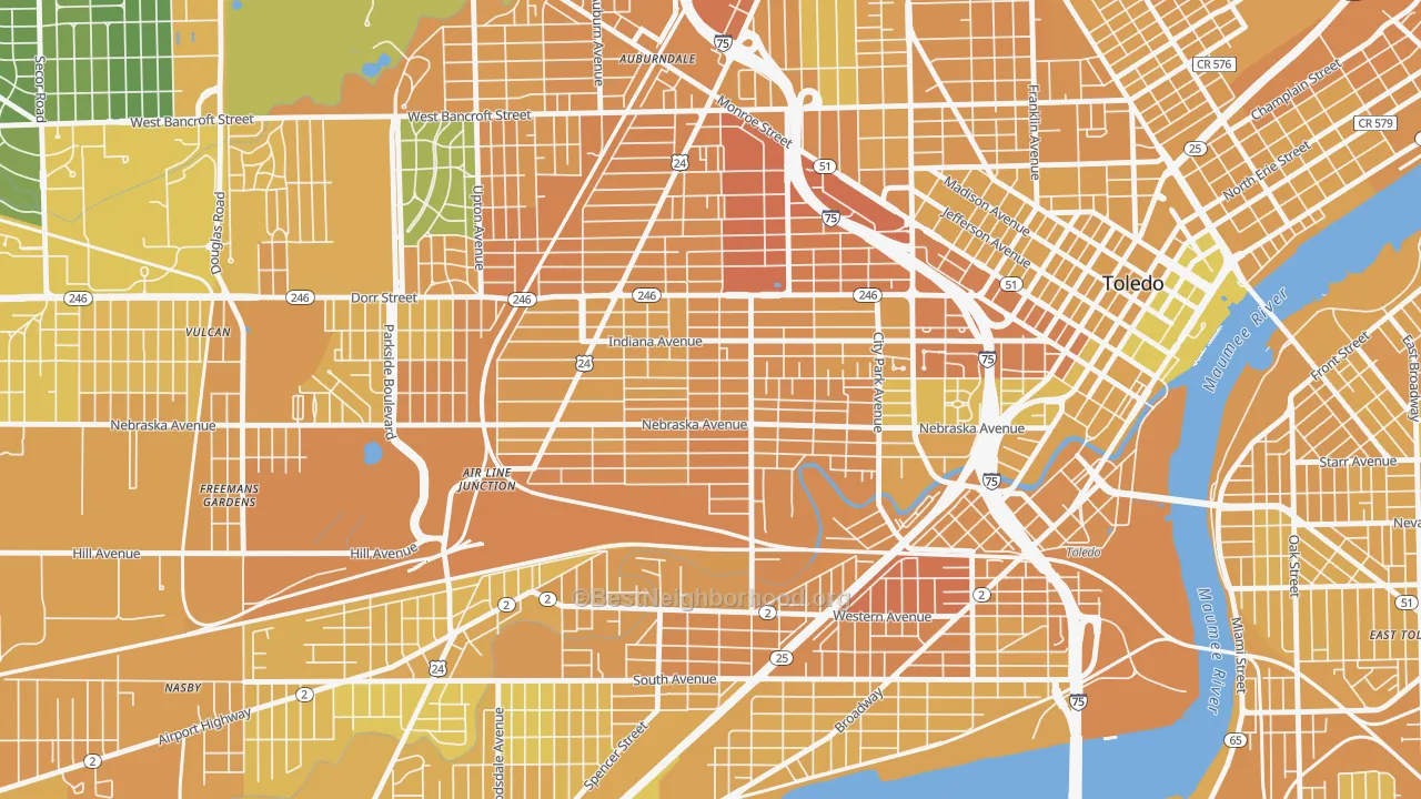 Map of the best neighborhoods in the Onyx, Toledo area, with better matches in green and worse matches in red