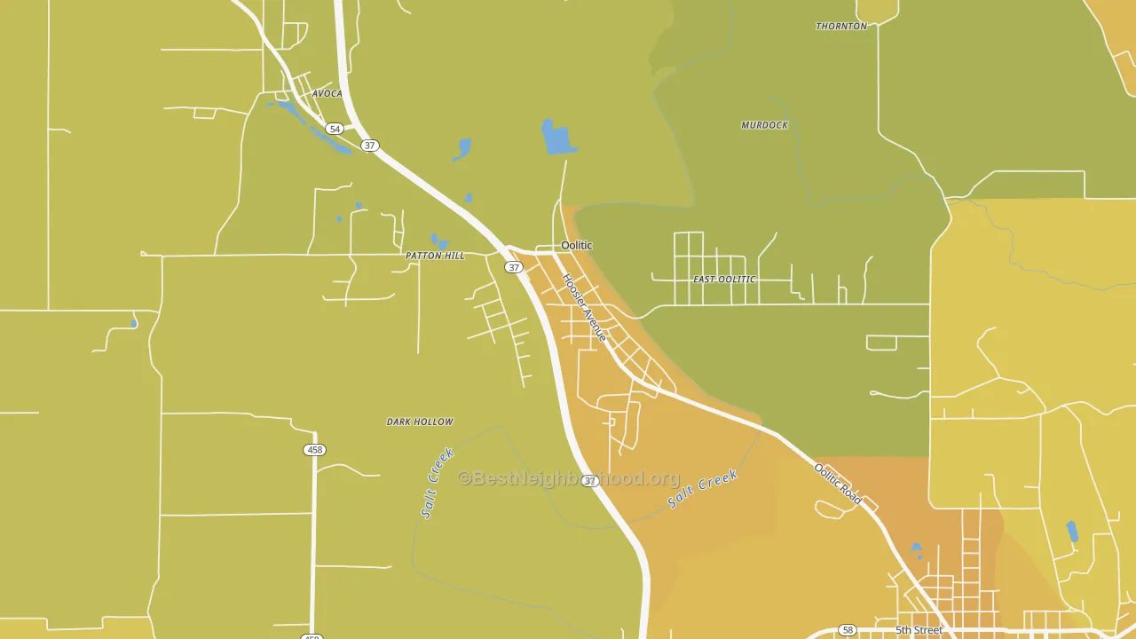Map of the best neighborhoods in the Oolitic area, with better matches in green and worse matches in red