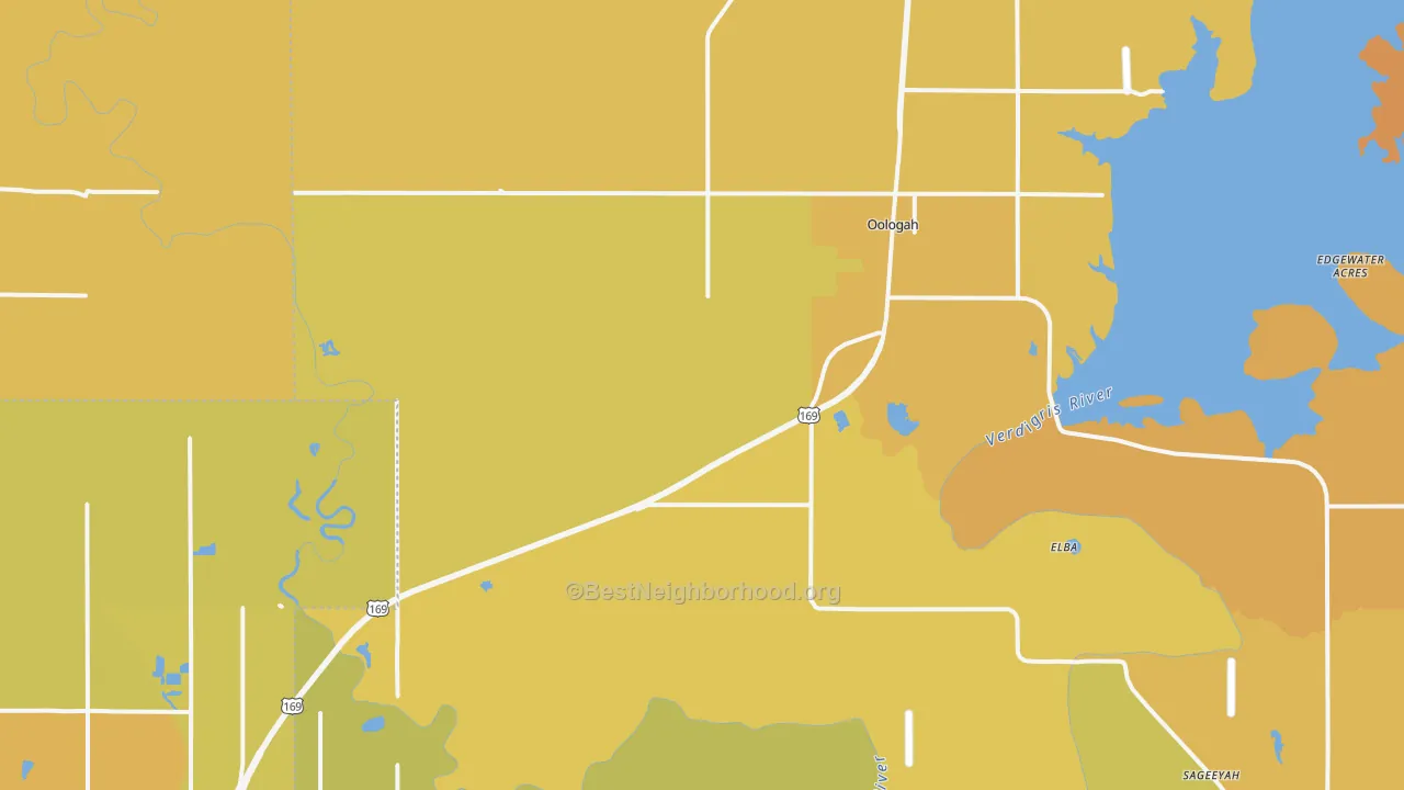 Map of the best neighborhoods in the Oologah area, with better matches in green and worse matches in red