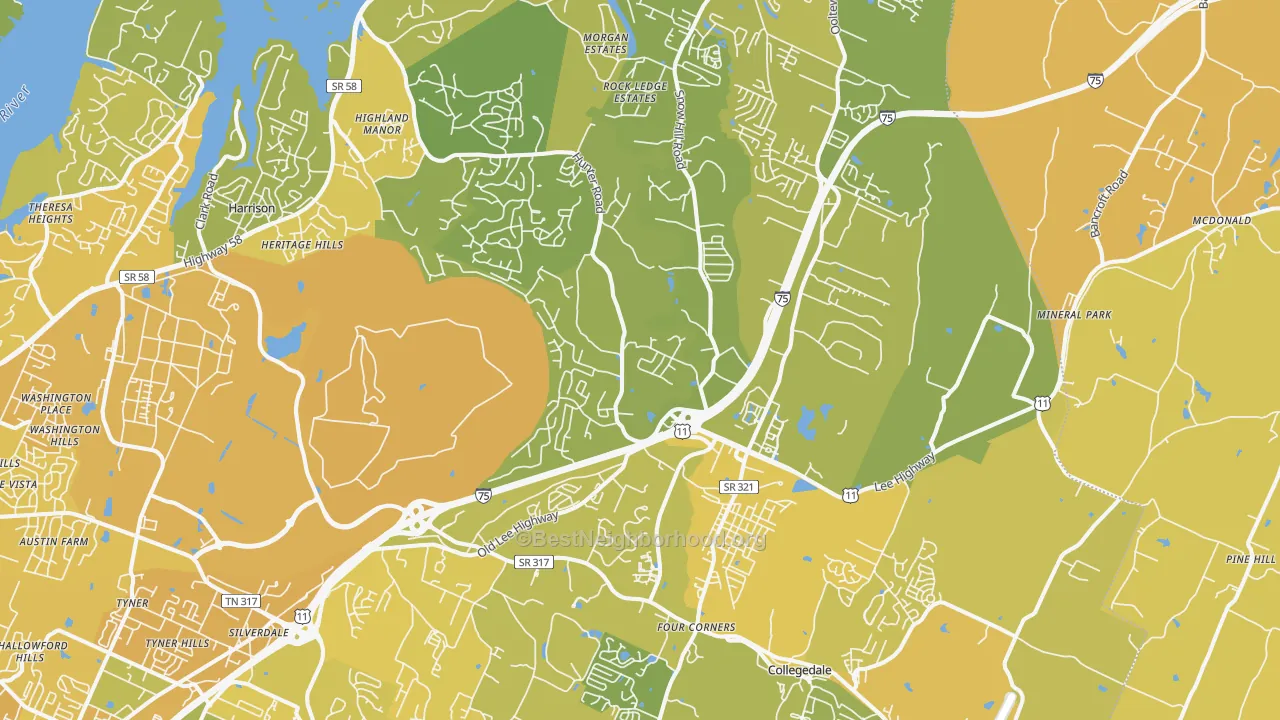 Map of the best neighborhoods in the Ooltewah area, with better matches in green and worse matches in red