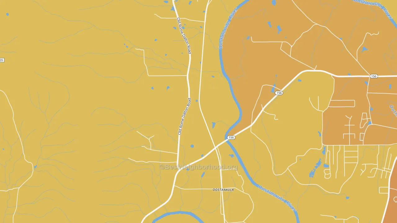 Map of the best neighborhoods in the Oostanaula area, with better matches in green and worse matches in red