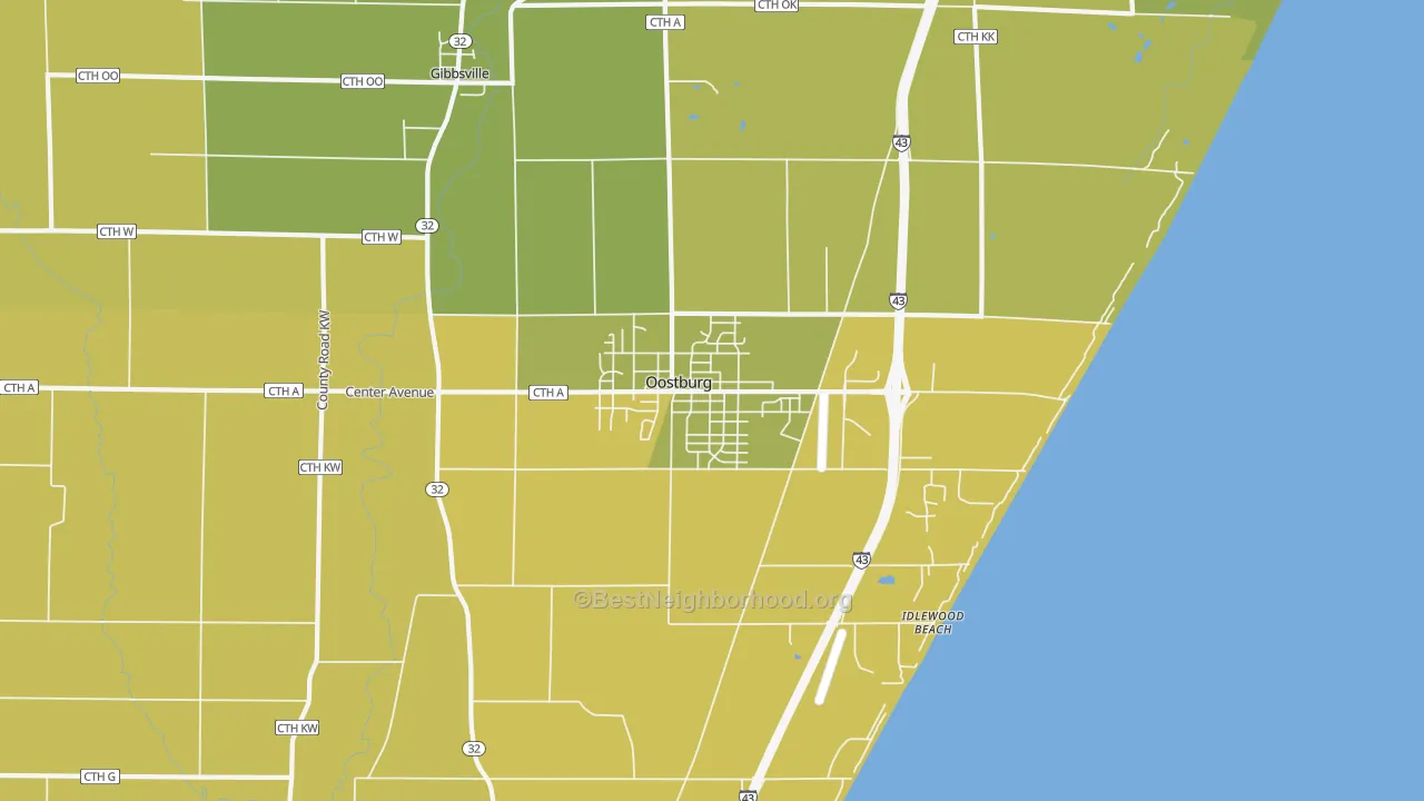 Map of the best neighborhoods in the Oostburg area, with better matches in green and worse matches in red