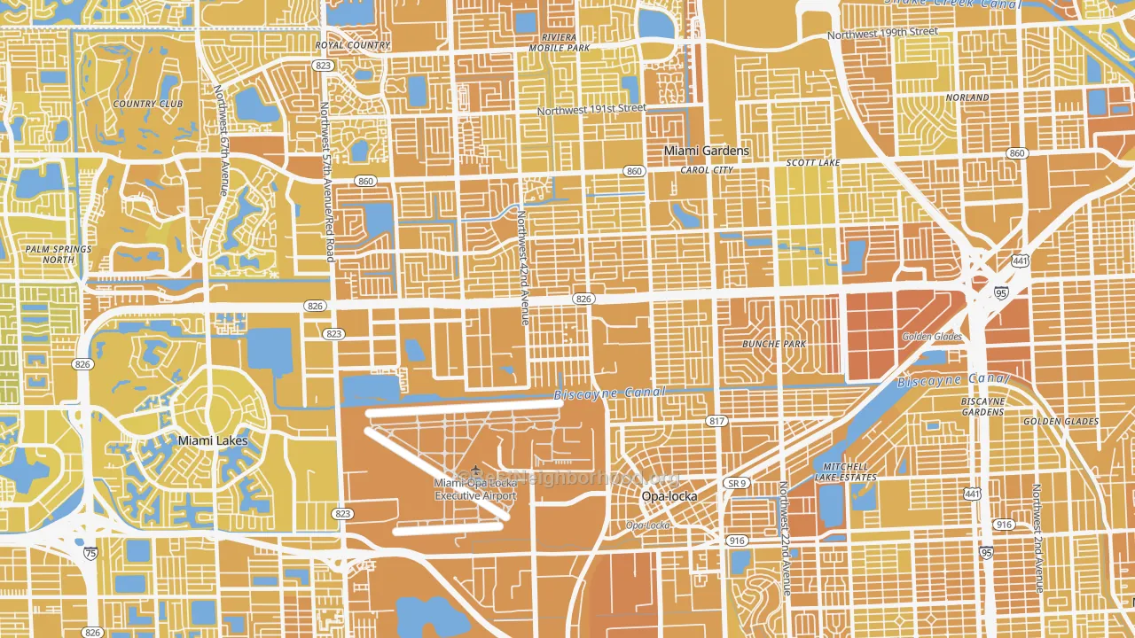 Map of the best neighborhoods in the Opa-Locka area, with better matches in green and worse matches in red