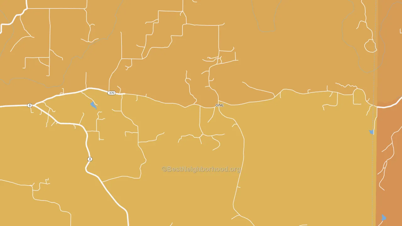 Map of the best neighborhoods in the Opal area, with better matches in green and worse matches in red