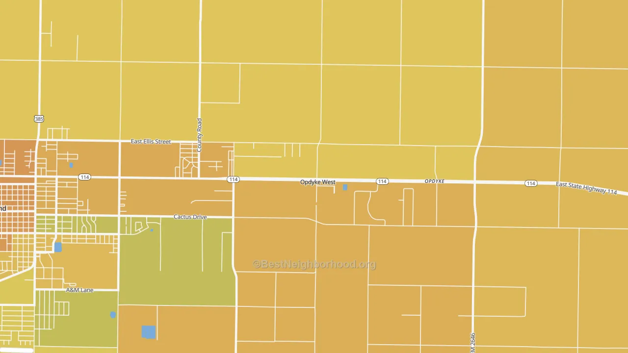 Map of the best neighborhoods in the Opdyke West area, with better matches in green and worse matches in red