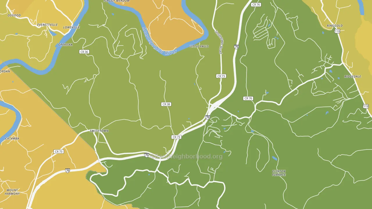 Map of the best neighborhoods in the Opekiska area, with better matches in green and worse matches in red