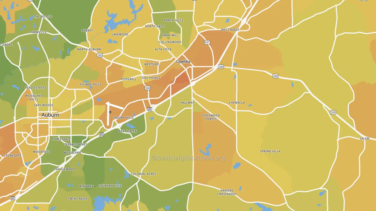Map of the best neighborhoods in the Opelika area, with better matches in green and worse matches in red