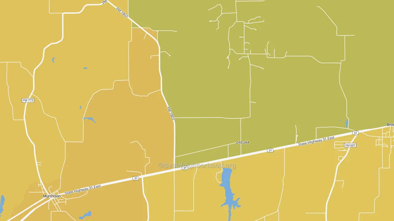 Map of the best neighborhoods in the Opelika area, with better matches in green and worse matches in red