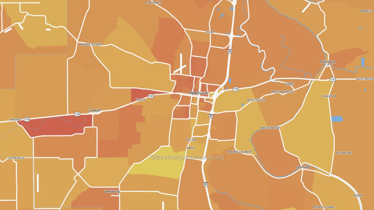 Map of the best neighborhoods in the Opelousas area, with better matches in green and worse matches in red