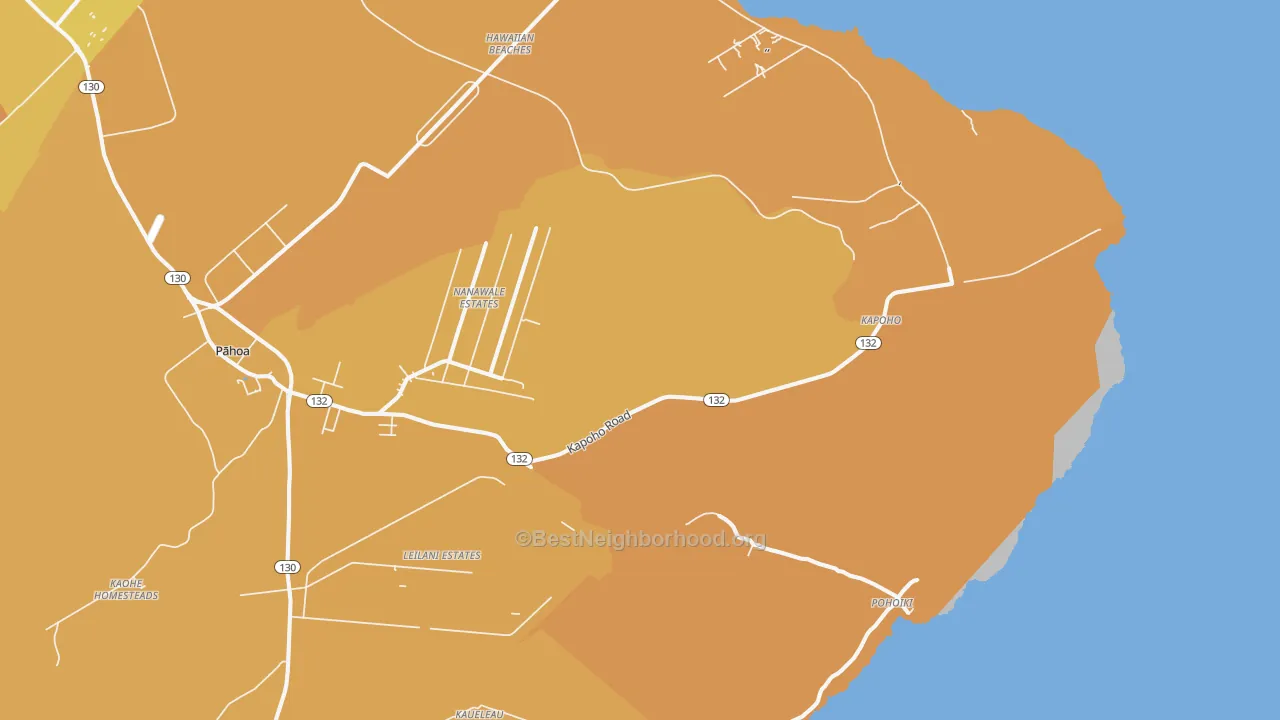 Map of the best neighborhoods in the Opihikao area, with better matches in green and worse matches in red