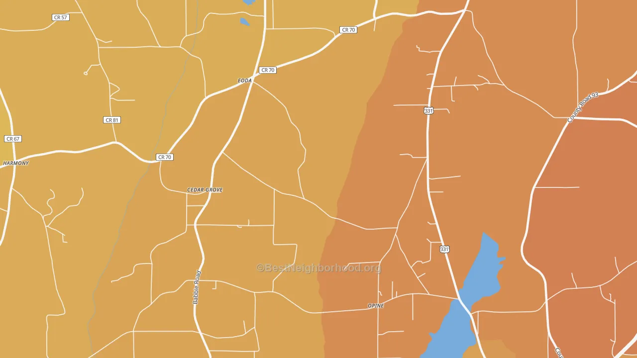 Map of the best neighborhoods in the Opine area, with better matches in green and worse matches in red