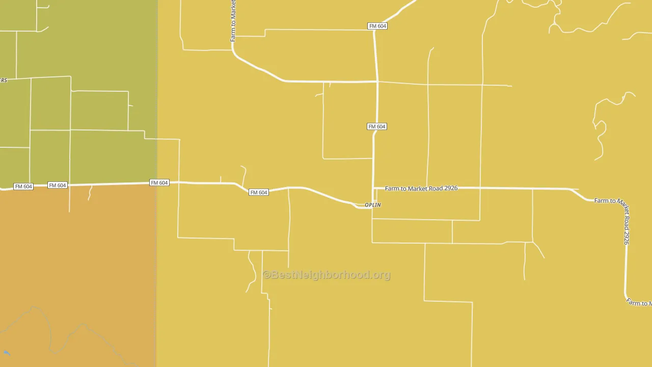 Map of the best neighborhoods in the Oplin area, with better matches in green and worse matches in red