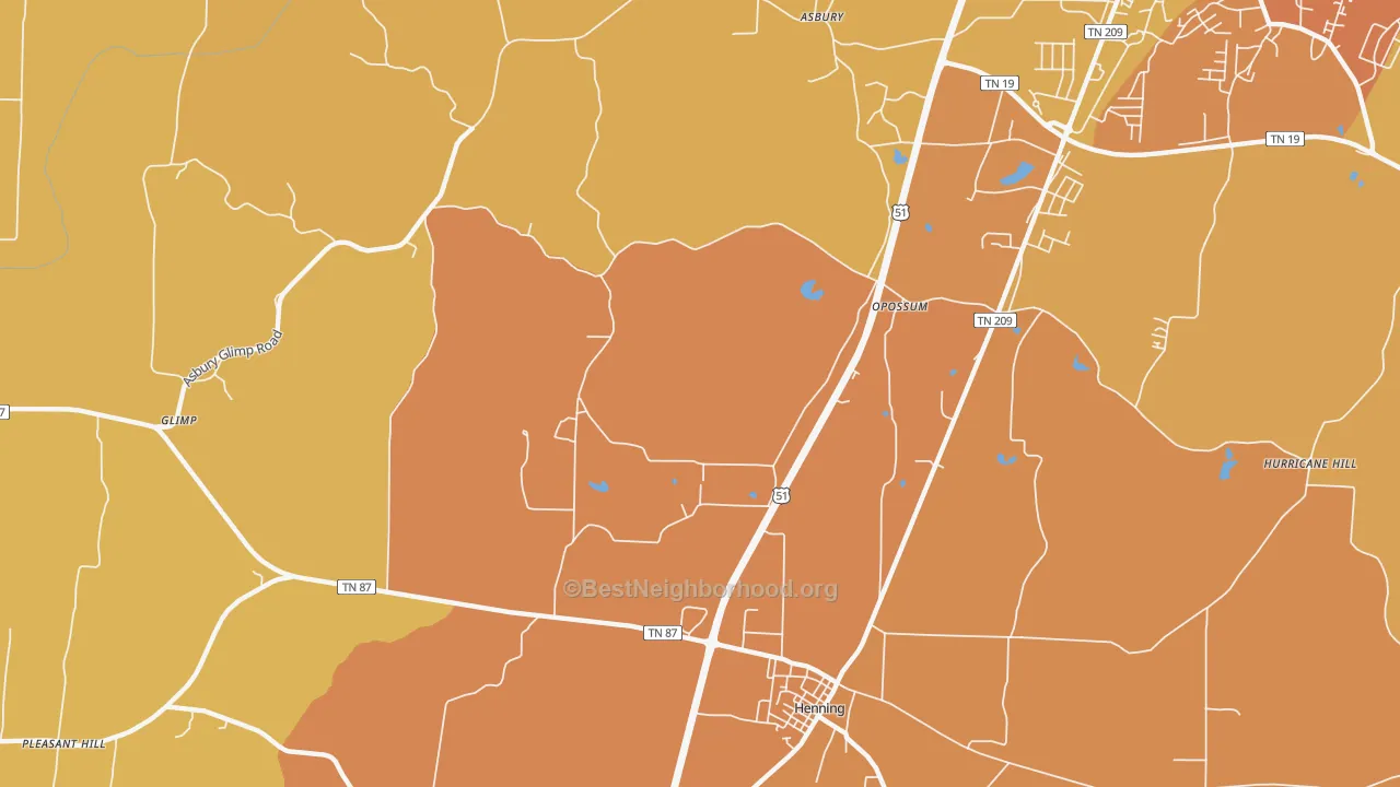Map of the best neighborhoods in the Opossum area, with better matches in green and worse matches in red