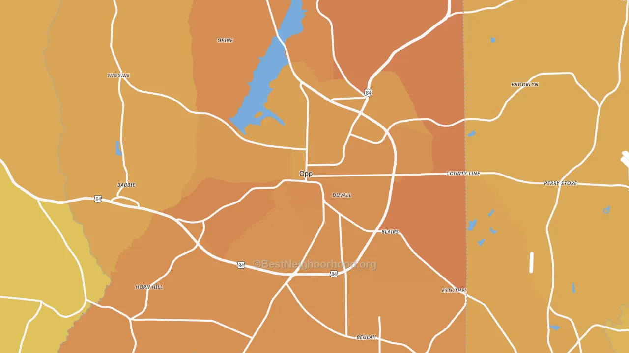 Map of the best neighborhoods in the Opp area, with better matches in green and worse matches in red