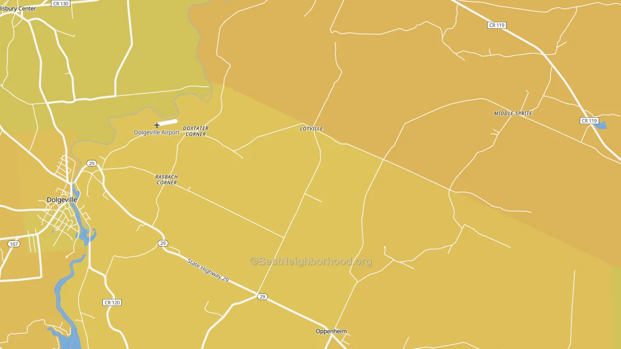 Map of the best neighborhoods in the Oppenheim area, with better matches in green and worse matches in red
