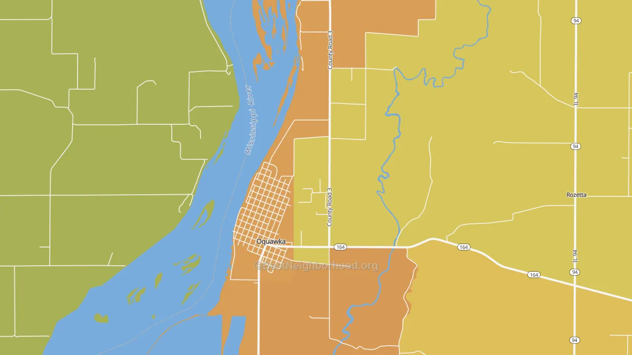 Map of the best neighborhoods in the Oquawka area, with better matches in green and worse matches in red