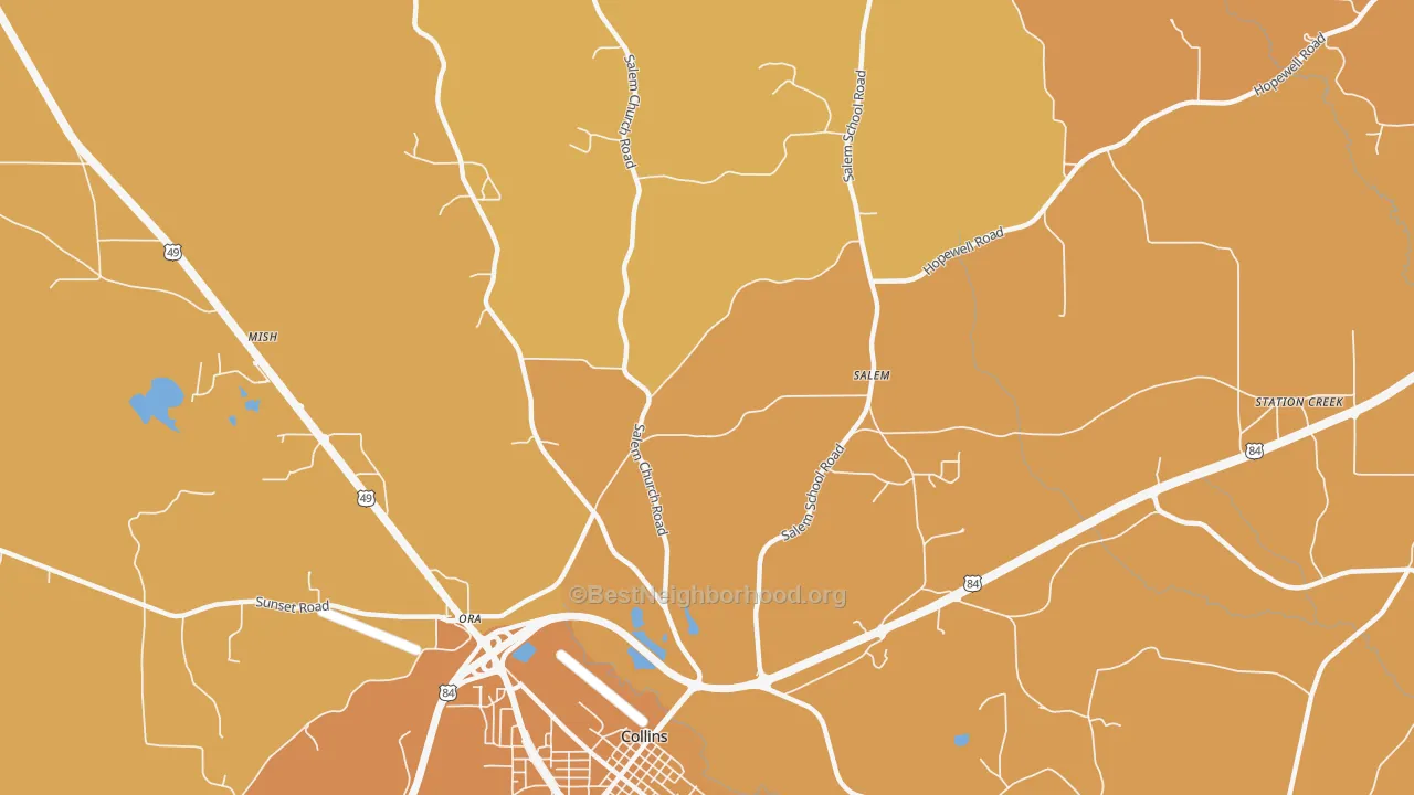 Map of the best neighborhoods in the Ora area, with better matches in green and worse matches in red